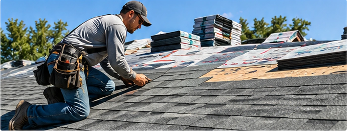 Roofing professional installing asphalt shingles on a residential roof