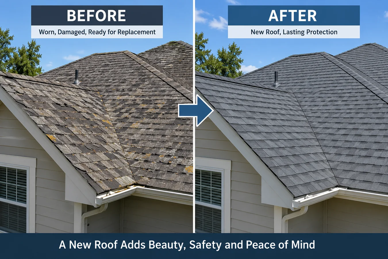 Before and after comparison of a weathered asphalt shingle roof and a newly replaced roof