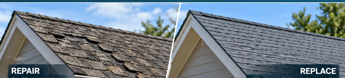 Visual comparison of an aging damaged asphalt shingle roof and a newly replaced asphalt shingle roof